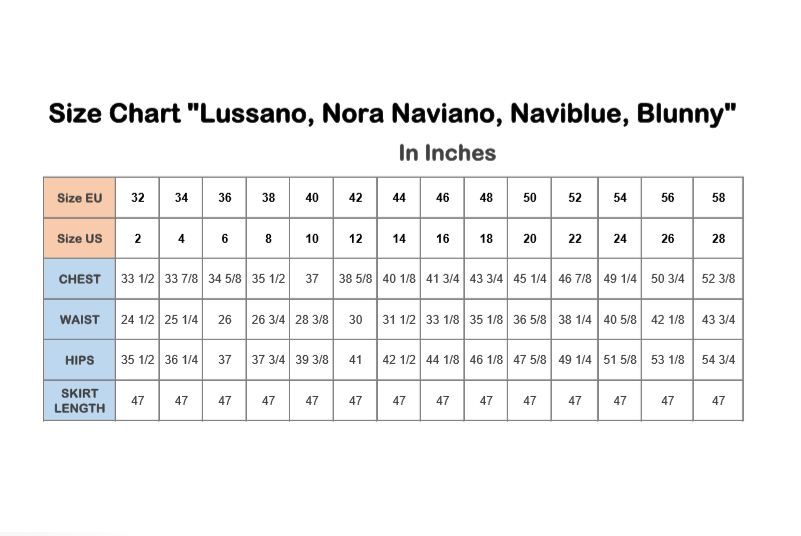 Lussano, Nora Naviano, Naviblue, Blunny in Size charts